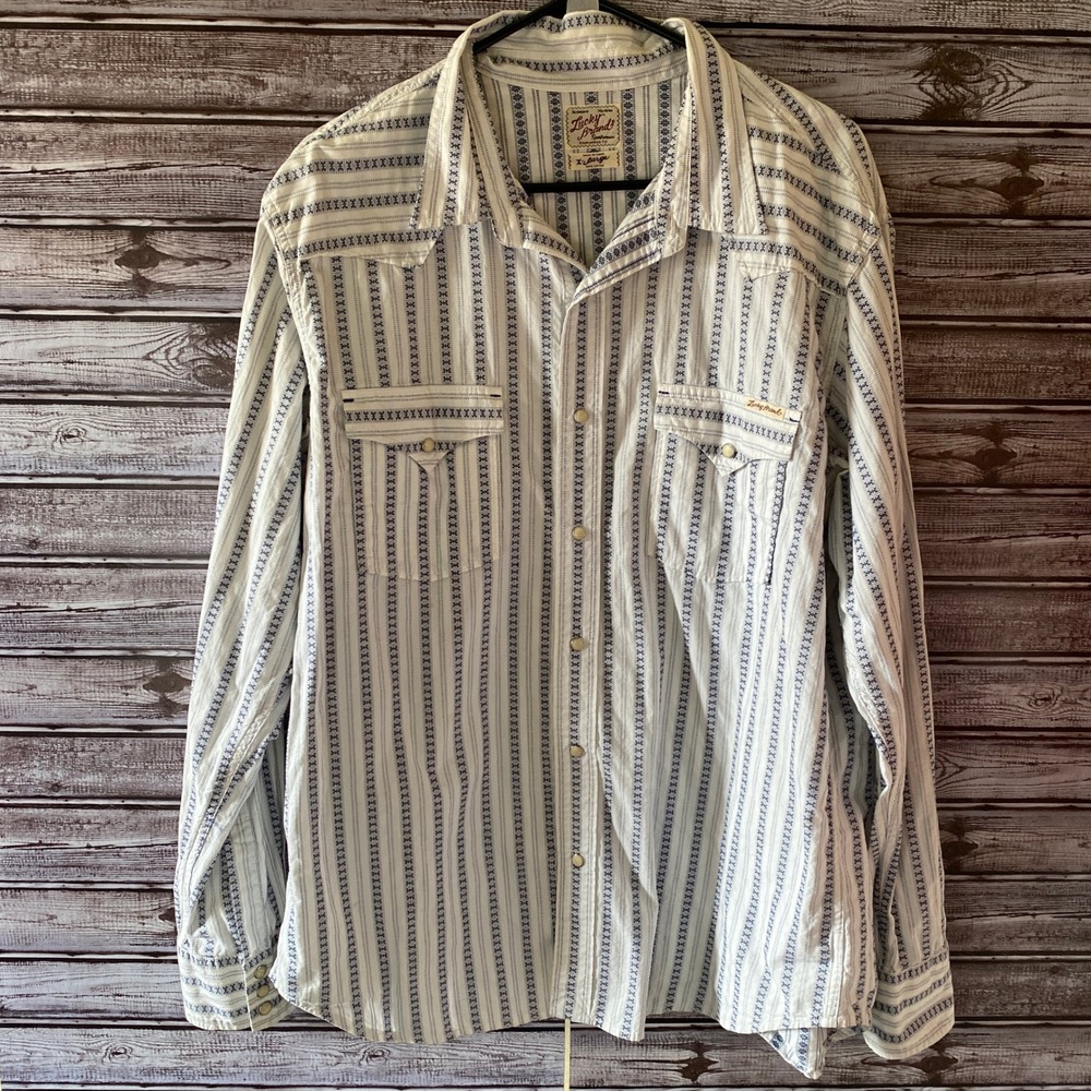 Lucky Brand Men's Long-Sleeved Pearl-Snap Shirt Size XL‎ White Blue Logo